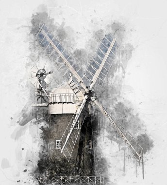 Eski yel değirmeni antika çizim sanatı