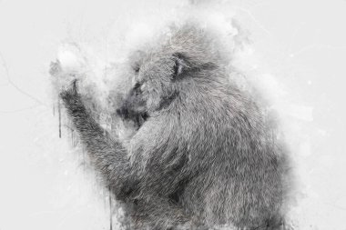 Ağaçların renkli çizimlerinde gerçekçi bir maymun.