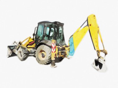 Kazı makinesi traktör çizimi rengi izole edilmiş antika sanat eserleri