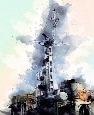 Donanma gemisinde askeri radar takibi, sanat eseri çizimi klasik.