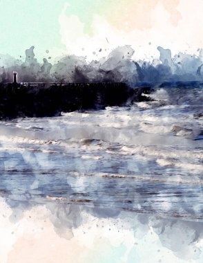 Beyaz kumlu güzel bir sahil, yaz tatili sanat çizimleri için doğal arka plan.