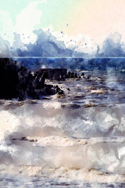 Beyaz kumlu güzel bir sahil, yaz tatili sanat çizimleri için doğal arka plan.