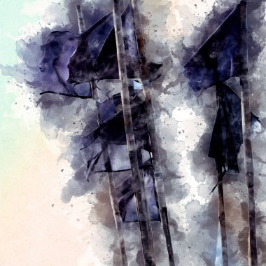 Rüzgarda dalgalanan renkli deniz yelkenli bayrakları sanat eseri çizimleri