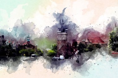 Polonya 'daki Gdansk şehrinin mimarisinin güzel bir görüntüsünün suluboya çizimi veya çizimi