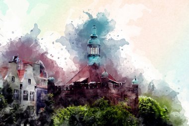 Polonya 'daki Gdansk şehrinin mimarisinin güzel bir görüntüsünün suluboya çizimi veya çizimi