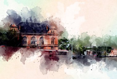 Polonya 'daki Gdansk şehrinin mimarisinin güzel bir görüntüsünün suluboya çizimi veya çizimi