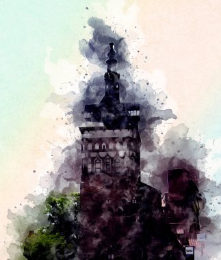 Polonya 'daki Gdansk şehrinin mimarisinin güzel bir görüntüsünün suluboya çizimi veya çizimi