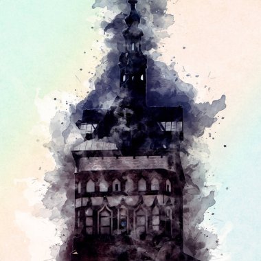 Polonya 'daki Gdansk şehrinin mimarisinin güzel bir görüntüsünün suluboya çizimi veya çizimi