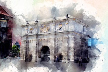 Polonya 'daki Gdansk şehrinin mimarisinin güzel bir görüntüsünün suluboya çizimi veya çizimi