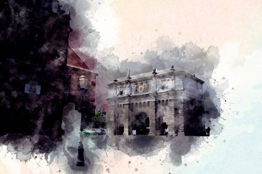 Polonya 'daki Gdansk şehrinin mimarisinin güzel bir görüntüsünün suluboya çizimi veya çizimi
