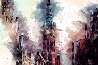 Polonya 'daki Gdansk şehrinin mimarisinin güzel bir görüntüsünün suluboya çizimi veya çizimi