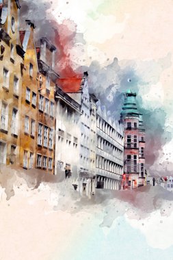 Polonya 'daki Gdansk şehrinin mimarisinin güzel bir görüntüsünün suluboya çizimi veya çizimi