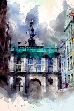 Polonya 'daki Gdansk şehrinin mimarisinin güzel bir görüntüsünün suluboya çizimi veya çizimi