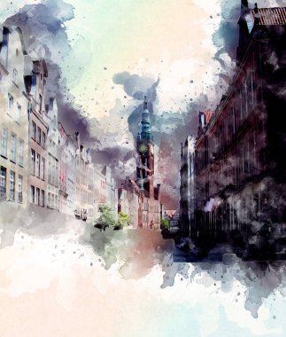 Polonya 'daki Gdansk şehrinin mimarisinin güzel bir görüntüsünün suluboya çizimi veya çizimi