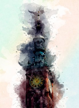 Polonya 'daki Gdansk şehrinin mimarisinin güzel bir görüntüsünün suluboya çizimi veya çizimi