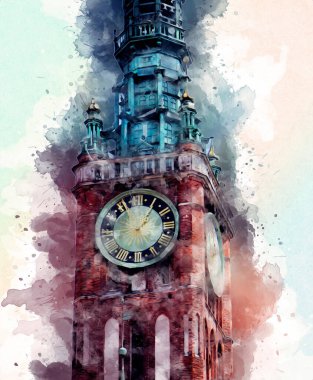 Polonya 'daki Gdansk şehrinin mimarisinin güzel bir görüntüsünün suluboya çizimi veya çizimi