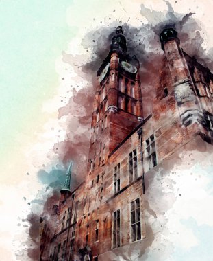 Polonya 'daki Gdansk şehrinin mimarisinin güzel bir görüntüsünün suluboya çizimi veya çizimi