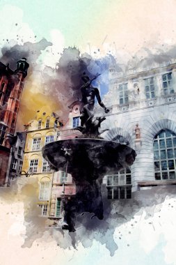 Polonya 'daki Gdansk şehrinin mimarisinin güzel bir görüntüsünün suluboya çizimi veya çizimi