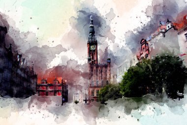 Polonya 'daki Gdansk şehrinin mimarisinin güzel bir görüntüsünün suluboya çizimi veya çizimi