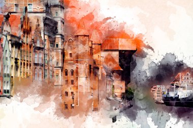 Polonya 'daki Gdansk şehrinin mimarisinin güzel bir görüntüsünün suluboya çizimi veya çizimi