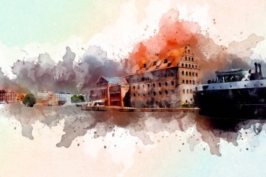 Polonya 'daki Gdansk şehrinin mimarisinin güzel bir görüntüsünün suluboya çizimi veya çizimi