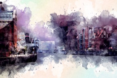 Polonya 'daki Gdansk şehrinin mimarisinin güzel bir görüntüsünün suluboya çizimi veya çizimi
