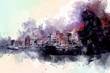 Polonya 'daki Gdansk şehrinin mimarisinin güzel bir görüntüsünün suluboya çizimi veya çizimi