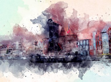 Polonya 'daki Gdansk şehrinin mimarisinin güzel bir görüntüsünün suluboya çizimi veya çizimi