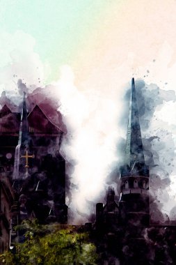 Polonya 'daki Gdansk şehrinin mimarisinin güzel bir görüntüsünün suluboya çizimi veya çizimi