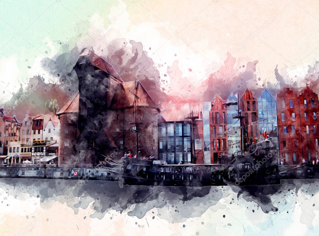 Watercolor sketch or illustration of a beautiful view of the architecture of the city of Gdansk in Poland