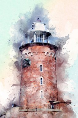 El çizimi suluboya deniz feneri illüstrasyon sanat klasiği çizimi