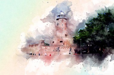 El çizimi suluboya deniz feneri illüstrasyon sanat klasiği çizimi