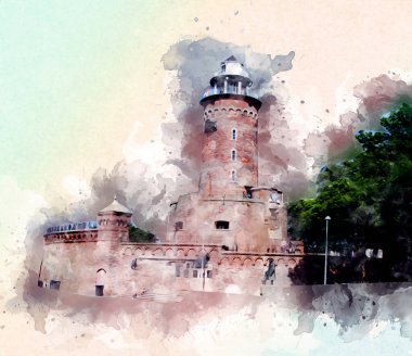 El çizimi suluboya deniz feneri illüstrasyon sanat klasiği çizimi