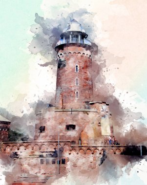 El çizimi suluboya deniz feneri illüstrasyon sanat klasiği çizimi