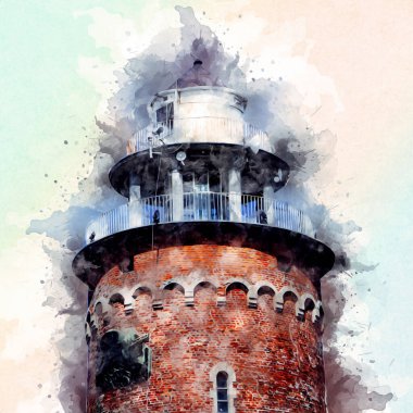 El çizimi suluboya deniz feneri illüstrasyon sanat klasiği çizimi