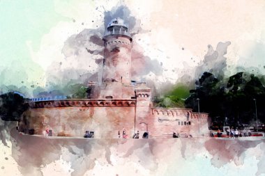 El çizimi suluboya deniz feneri illüstrasyon sanat klasiği çizimi