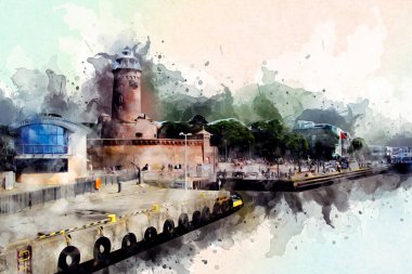 El çizimi suluboya deniz feneri illüstrasyon sanat klasiği çizimi