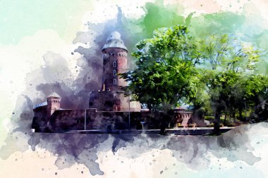 El çizimi suluboya deniz feneri illüstrasyon sanat klasiği çizimi