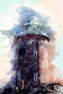 El çizimi suluboya deniz feneri illüstrasyon sanat klasiği çizimi