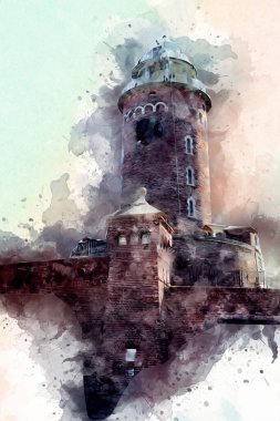 El çizimi suluboya deniz feneri illüstrasyon sanat klasiği çizimi