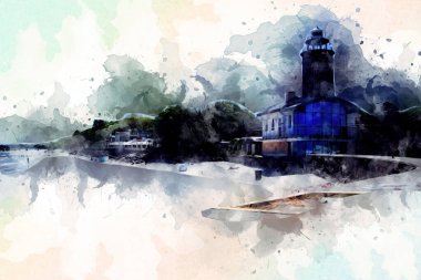 El çizimi suluboya deniz feneri illüstrasyon sanat klasiği çizimi