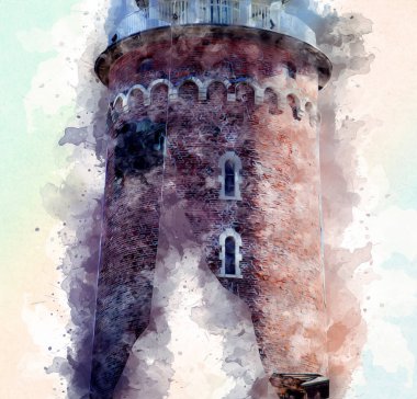 El çizimi suluboya deniz feneri illüstrasyon sanat klasiği çizimi