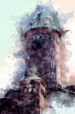 El çizimi suluboya deniz feneri illüstrasyon sanat klasiği çizimi