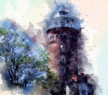 El çizimi suluboya deniz feneri illüstrasyon sanat klasiği çizimi