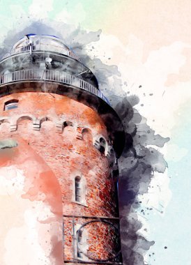 El çizimi suluboya deniz feneri illüstrasyon sanat klasiği çizimi