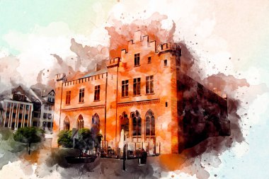 Kolobrzeg eski şehir, belediye binası, poland resim çizimi