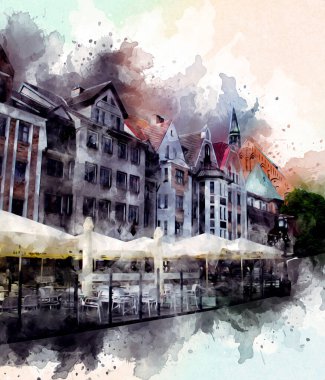 Kolobrzeg eski şehir, belediye binası, poland resim çizimi