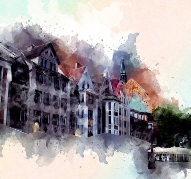 Kolobrzeg eski şehir, belediye binası, poland resim çizimi