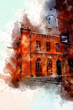 Kolobrzeg eski şehir, belediye binası, poland resim çizimi