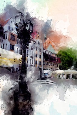 Kolobrzeg eski şehir, belediye binası, poland resim çizimi